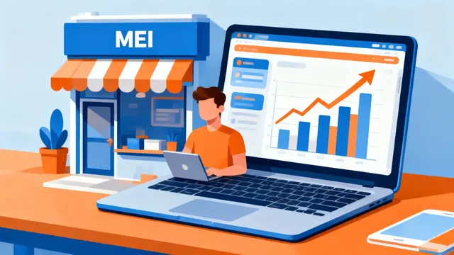 Ilustração de microempreendedor individual (MEI) acompanhando o crescimento do negócio no notebook