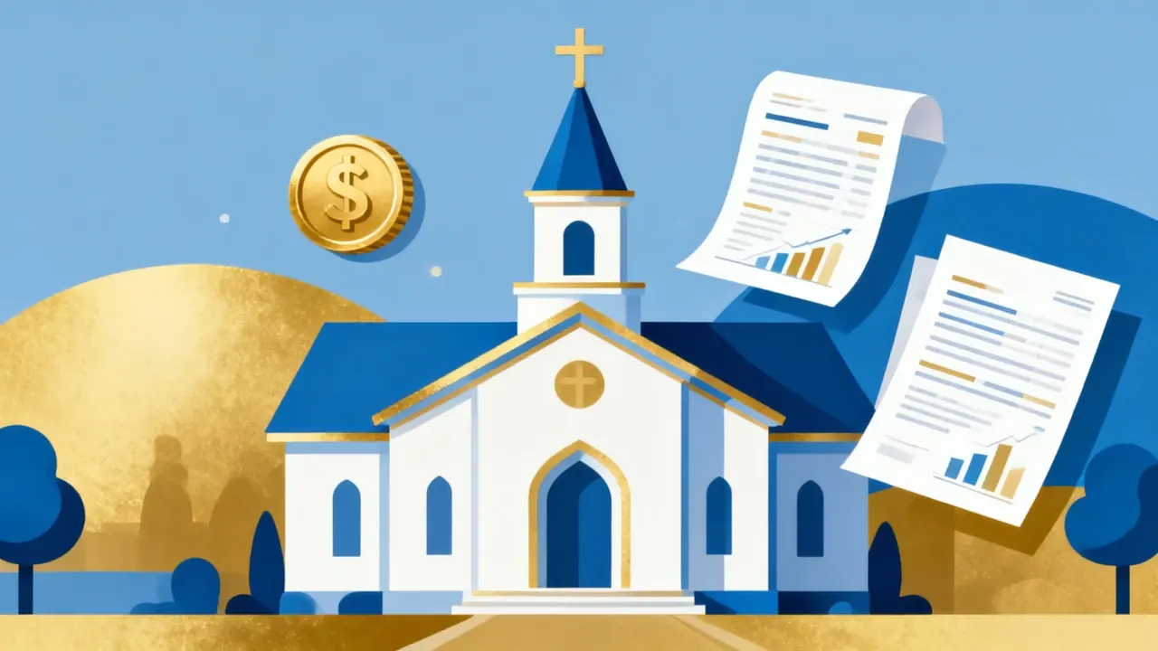 Ilustração de igreja com documentos contábeis, simbolizando a contabilidade para organizações religiosas
